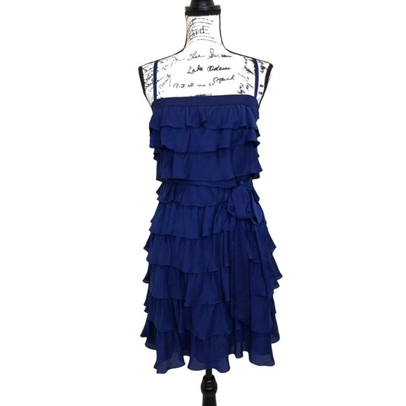 Size 12 NEW$200.00 ANTHROPOLOGIE VA ET VIEN SILK BLUE‎ RUFFLE PARTY DRESS W/TIE - Picture 5 of 13